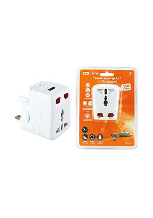SQ1806-0044, Тревел-адаптер 100-250В 3A (5 в 1) c USB-зарядкой 1000мА белый TDM electric