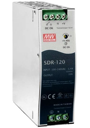 SDR-120-24, AC-DC, 120Вт, вход 88 264V AC, 47 63Гц /124 370В DC, выход 24В/5A (пиковый 7,5А), рег. в MEAN WELL
