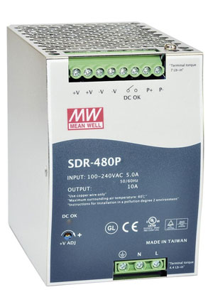 SDR-480P-24, AC-DC, 480,  90 264V AC, 47 63 /127 370 DC,  24/20A, .  24...28, Mean Well